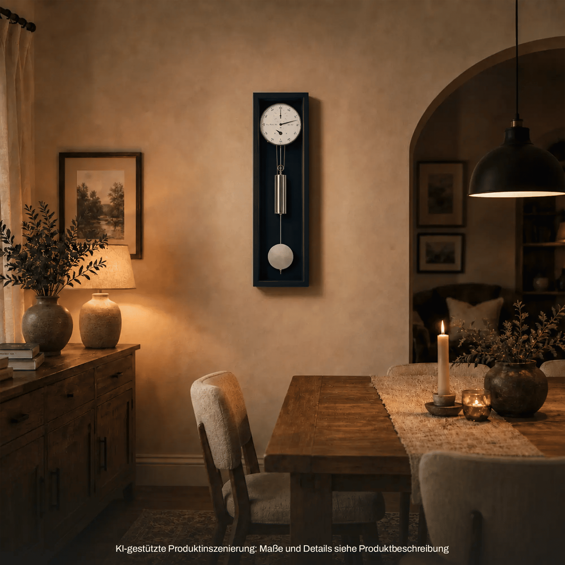 Wanduhr mit rundem Zifferblatt und sichtbarem Uhrwerk im blauem Rahmen