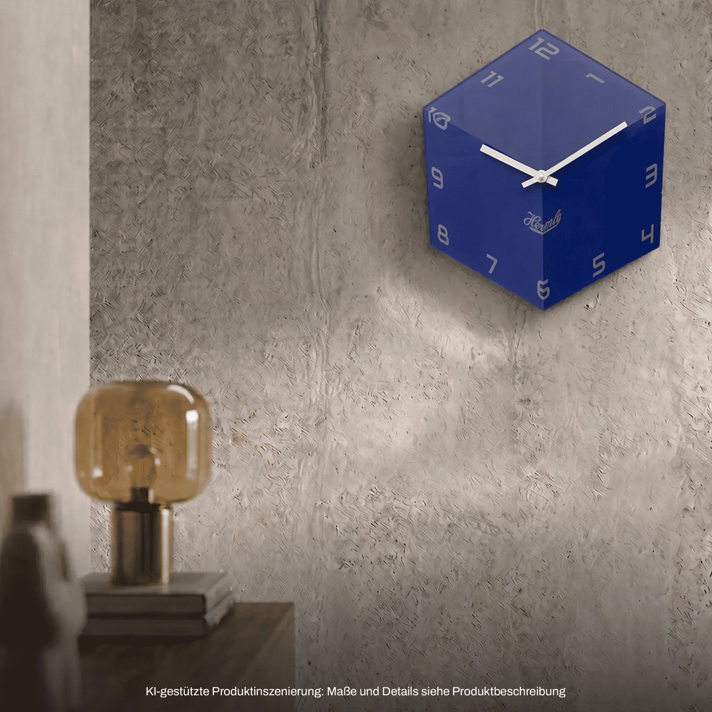 Blaue Würfel-Wanduhr mit weißen Zeigern und arabischen Ziffern am 3D-Zifferblatt