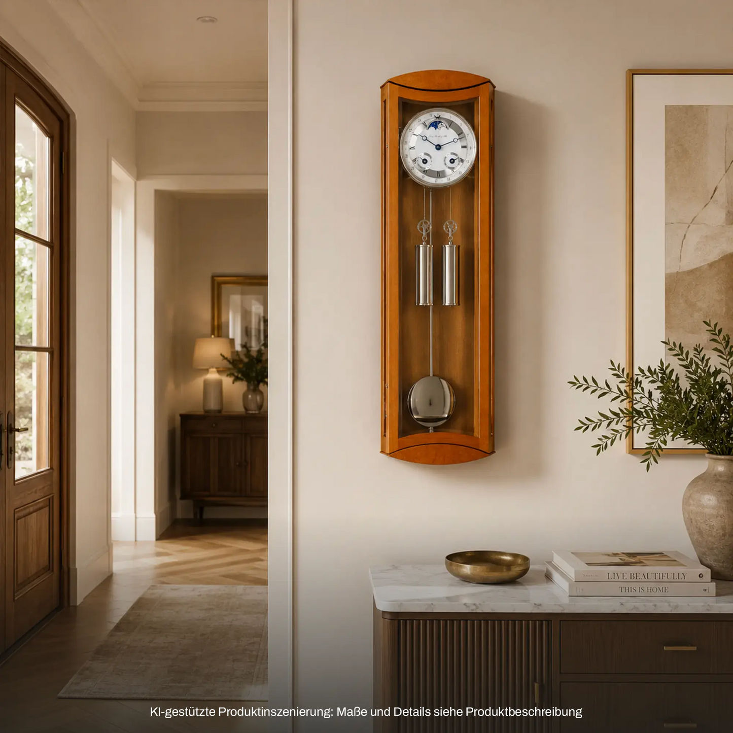 Hermle Wanduhr aus Holz, schlankes Gehäuse mit Glasfront und Pendelstäben