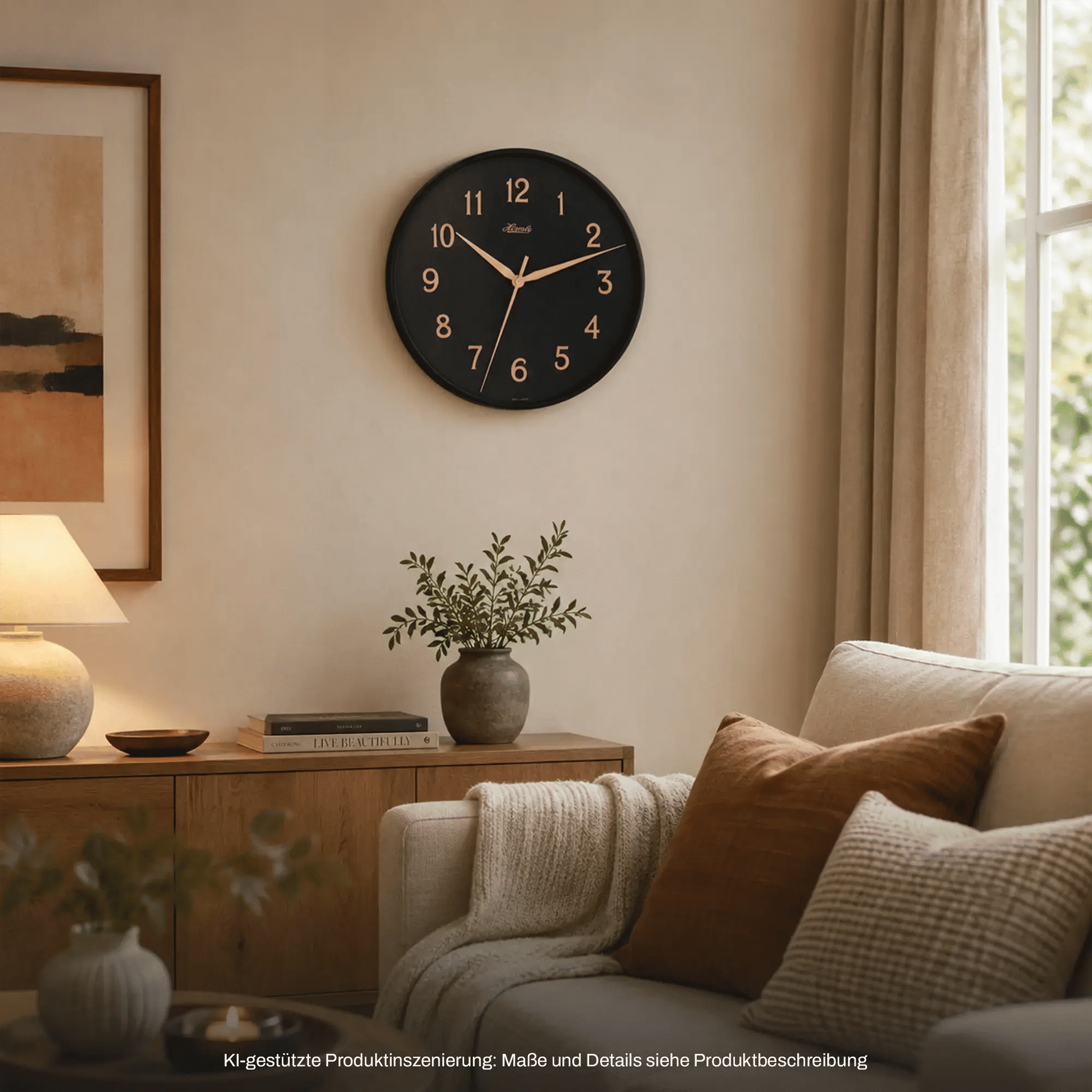 Runde Wanduhr an der Wand mit schwarzem Zifferblatt, hellen Zeigern und Ziffern