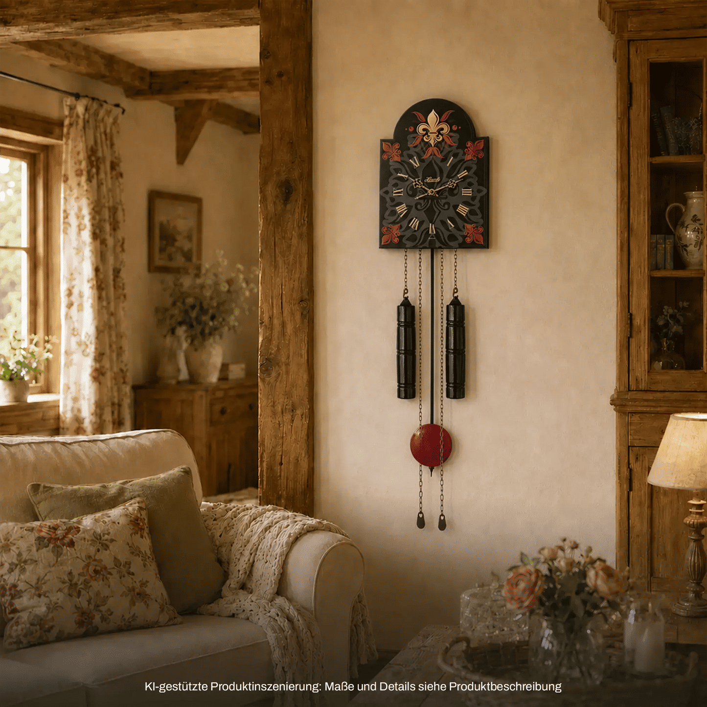 Wanduhr an der Wand: schwarzes Ziffernblatt mit floralem Ornament, roten Kugelakzenten, Pendeln