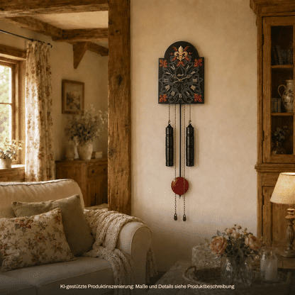 Wanduhr an der Wand: schwarzes Ziffernblatt mit floralem Ornament, roten Kugelakzenten, Pendeln