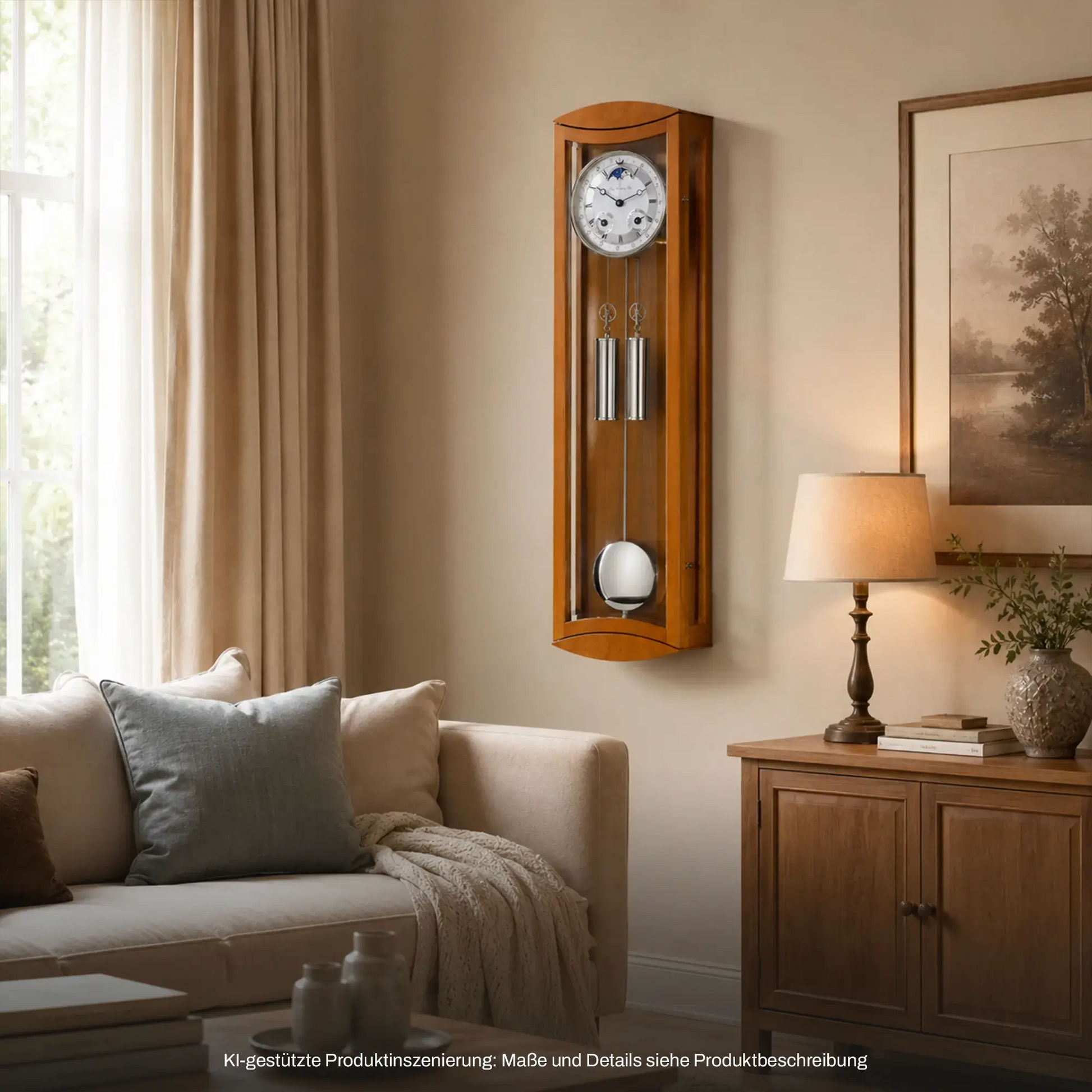 Hermle Wanduhr aus Holz mit Glasfront, rundem Zifferblatt und Pendelmechanik