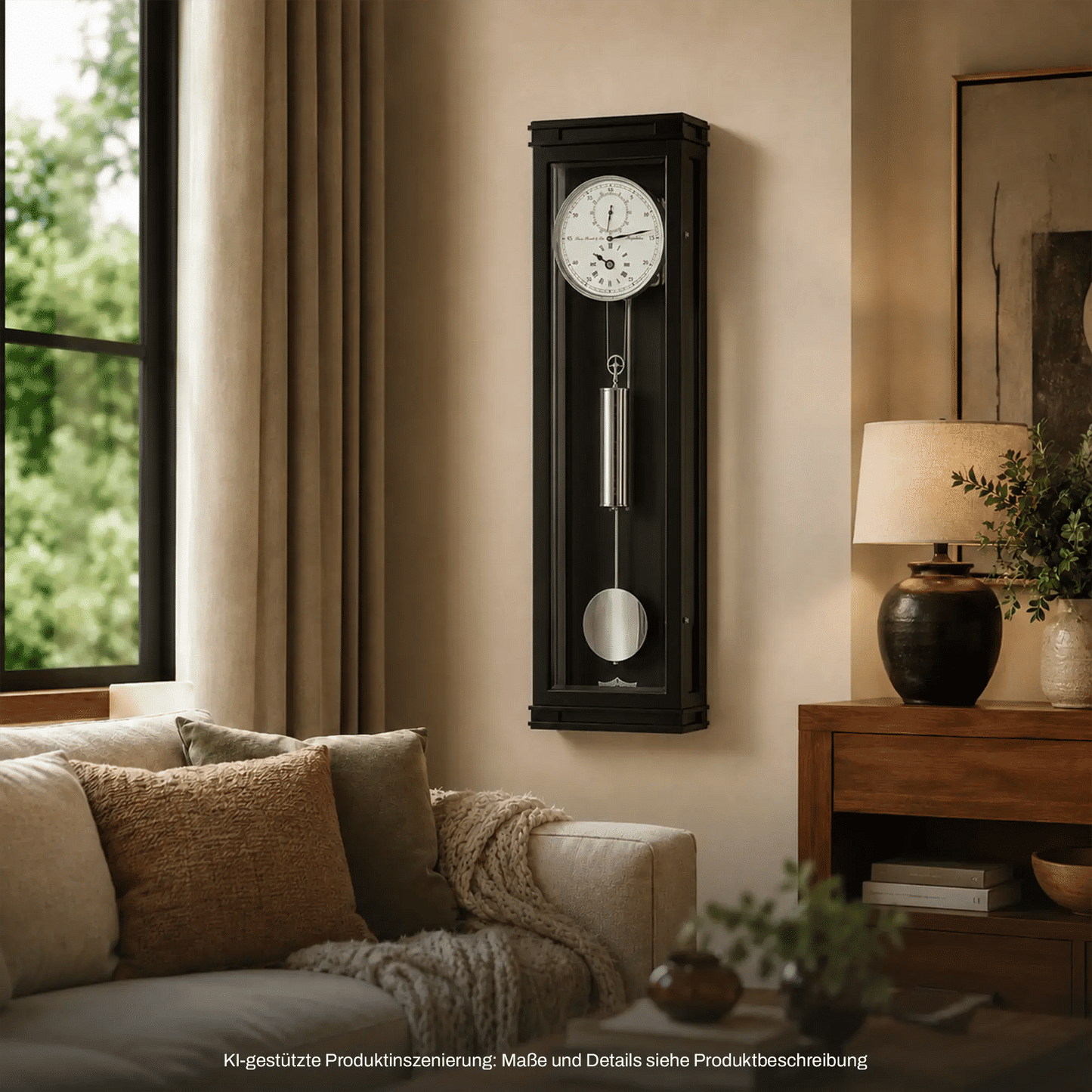 Wanduhr mit schwarzem Gehäuse, weißem Zifferblatt und Pendelstab mit rundem Gewicht