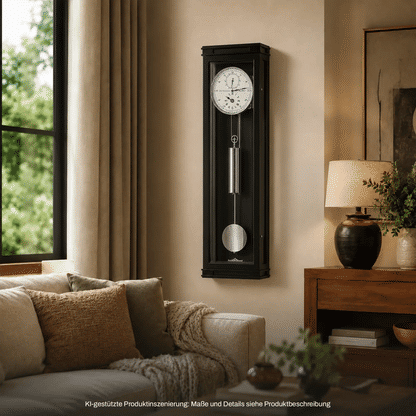 Wanduhr mit schwarzem Gehäuse, weißem Zifferblatt und Pendelstab mit rundem Gewicht