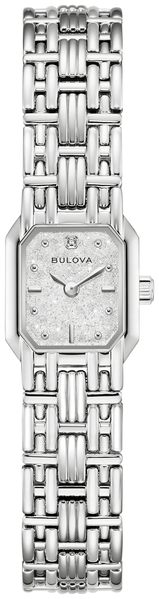 Damenarmbanduhr Bulova mit silbernem Edelstahlband und rechteckigem Zifferblatt