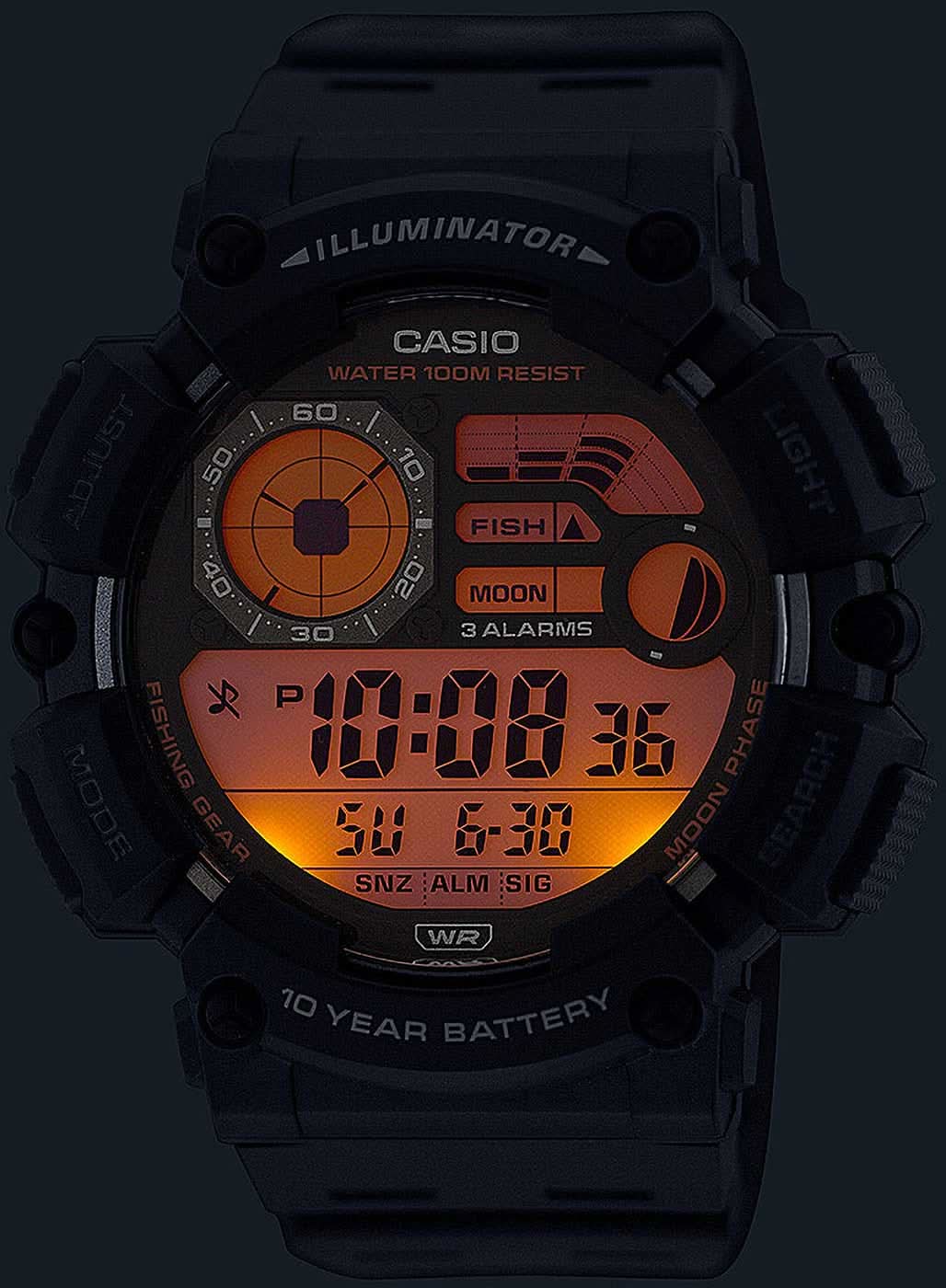 Casio herrklocka med digital display, svart boett, röd belysning, 100 m.