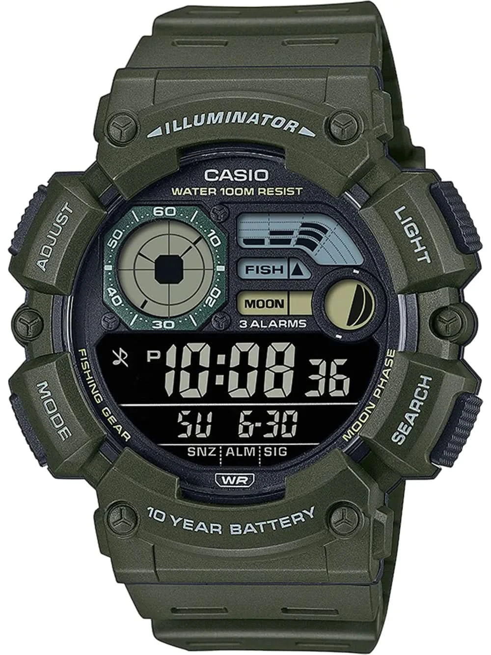 Casio herrur med digital urtavla, mörkgrönt armband och knappar