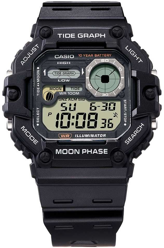 Casio herrklocka med digital display, boett och armband i svart, månfas- och tidvattensdata