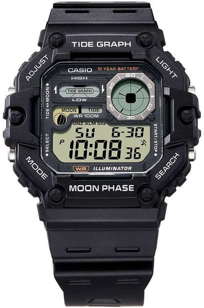 Casio herrklocka med digital display, boett och armband i svart, månfas- och tidvattensdata