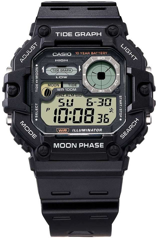 Casio herrklocka med digital display, boett och armband i svart, månfas- och tidvattensdata