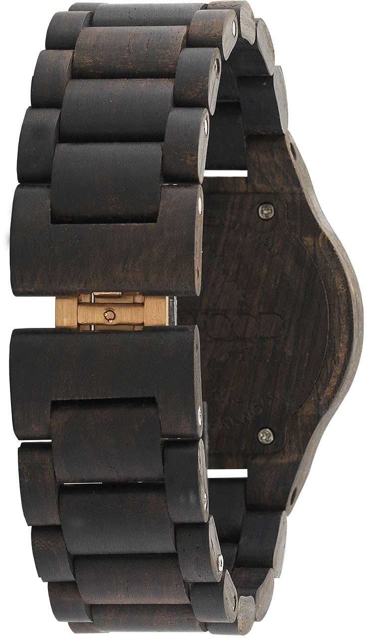 Holzklocka för dam med skruvad spänne, mörkt träfodral och svart armband