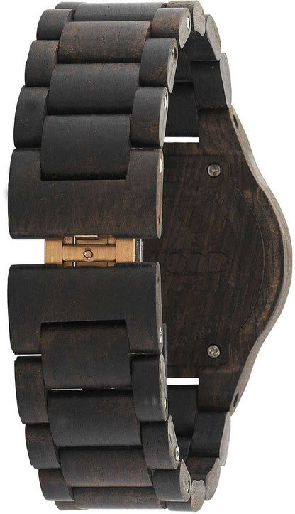 Holzklocka för dam med skruvad spänne, mörkt träfodral och svart armband