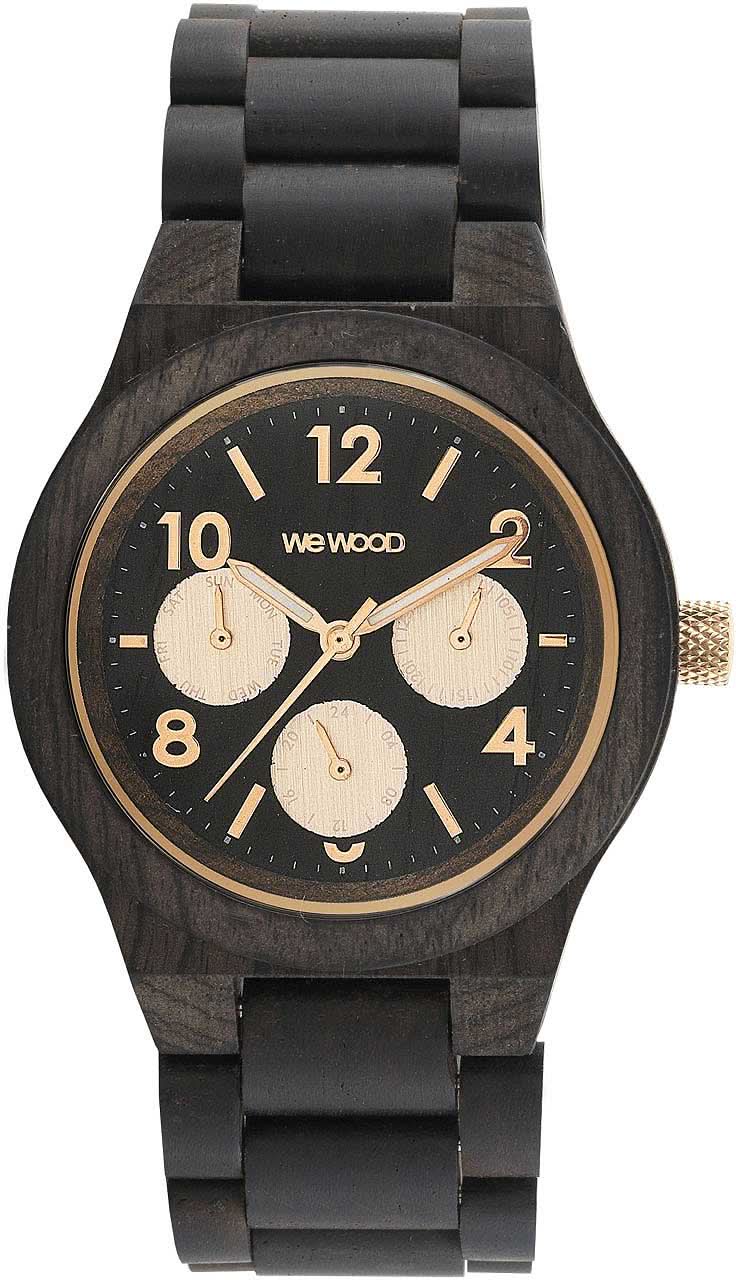"Holzuhr für Damen mit dunklem Holzgehäuse, schwarzem Gliederarmband und Chronodial"
