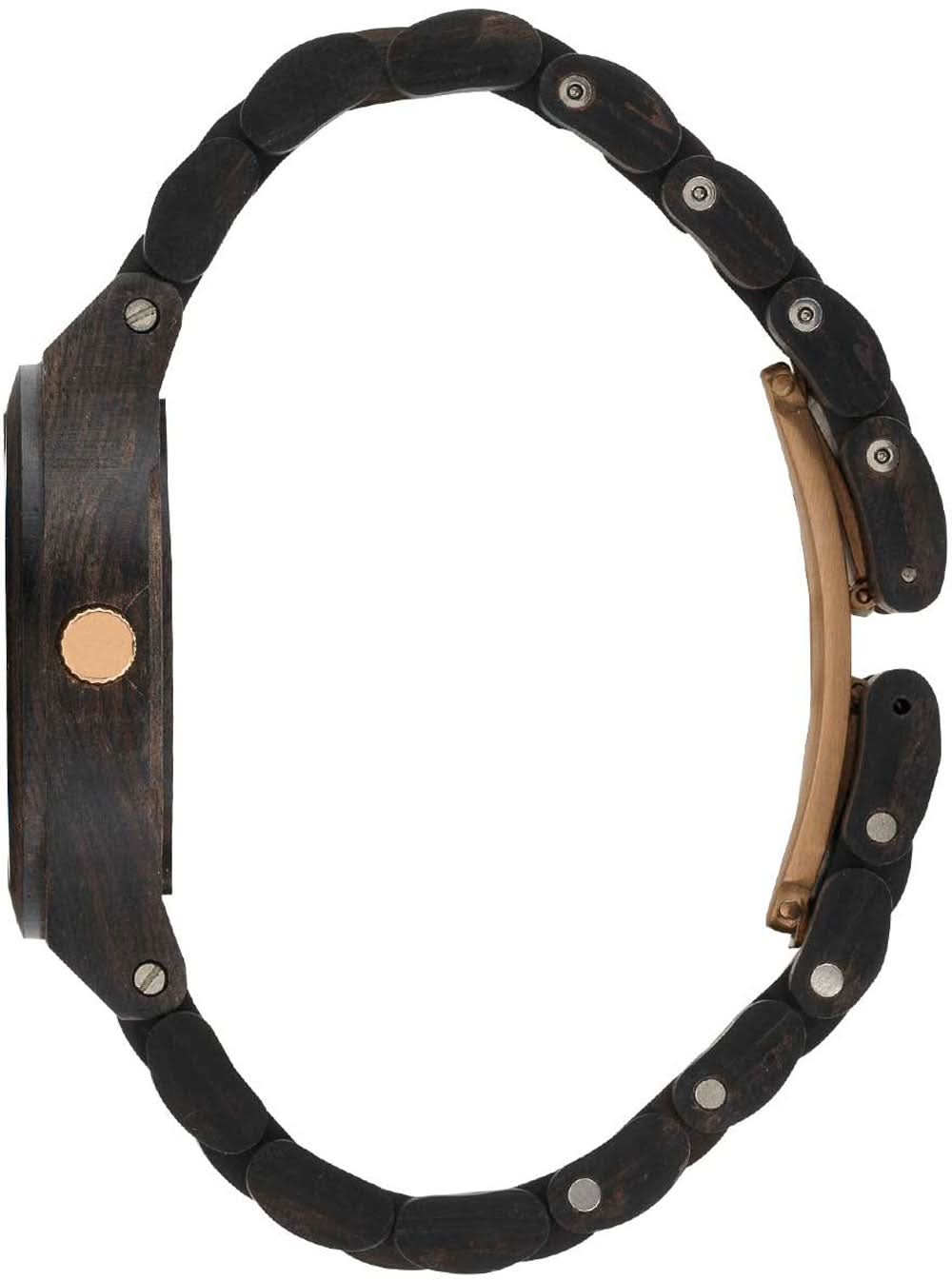 Holzuhr für Damen mit schwarzem Gliederarmband und Schraubösen am Gehäuserand