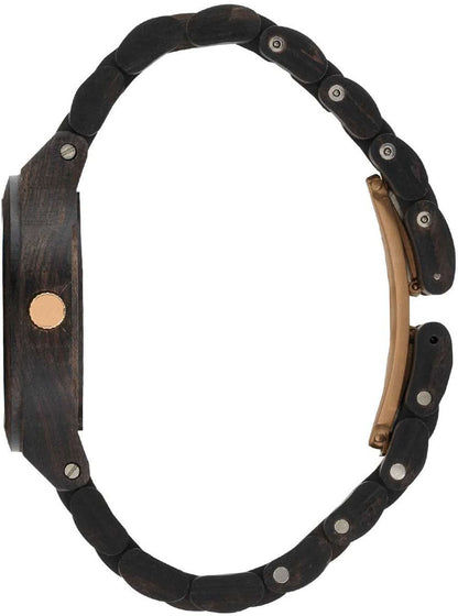 Holzuhr für Damen mit schwarzem Gliederarmband und Schraubösen am Gehäuserand