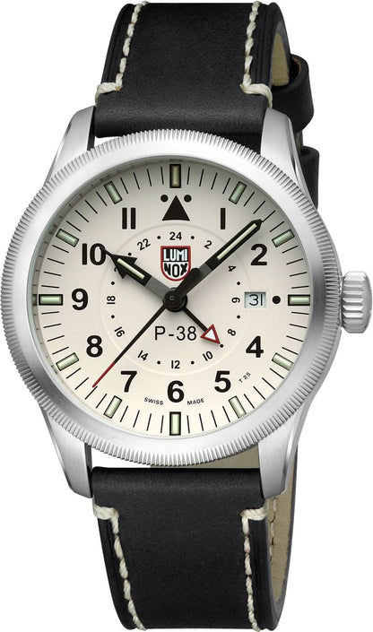 Armbandsur för herrar med silverfärgad boett, ljus urtavla och svart läderarmband.