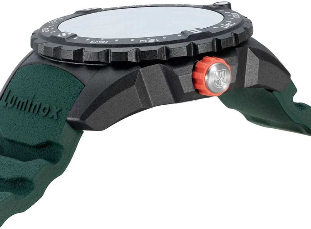 Armbandsdetalj: grönt armband, svart infattning med räfflor och rött kronskydd