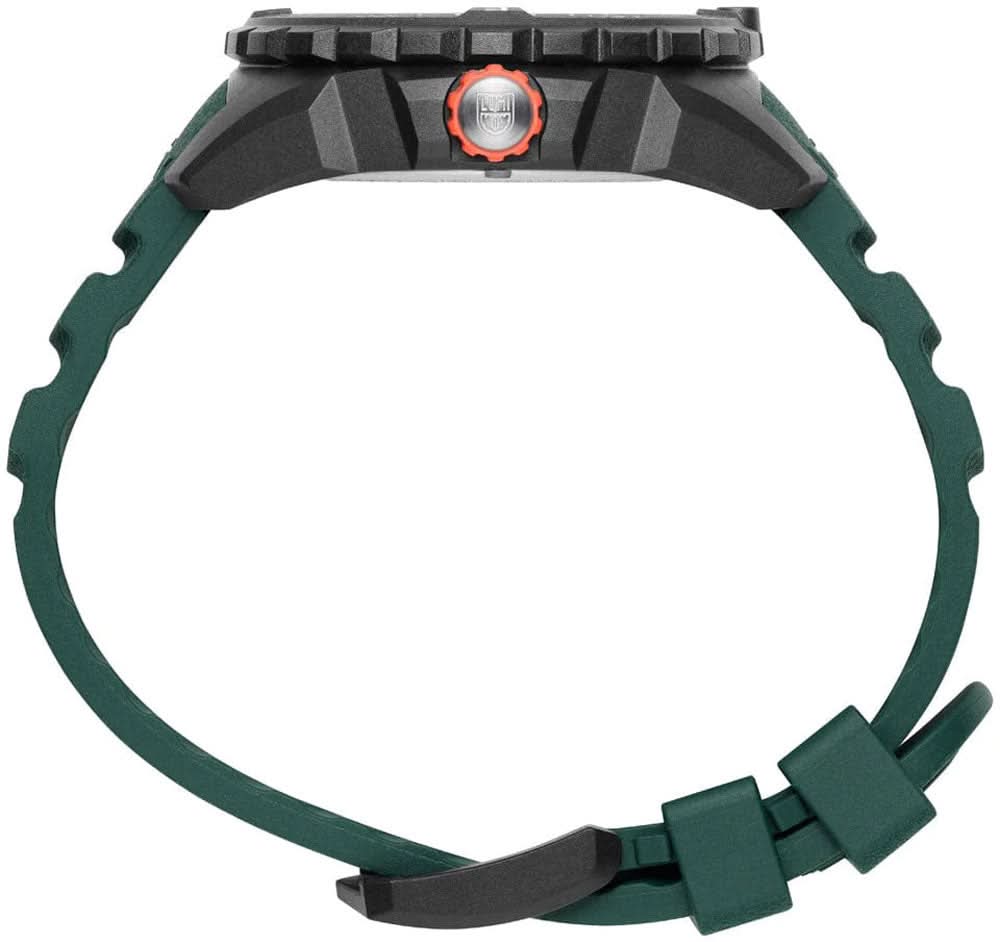 Herrarmbandsur: svart spänne med röd knapp, grönt silikonarmband