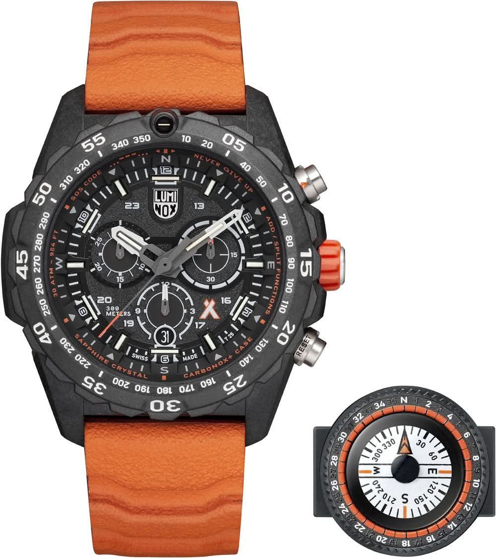 Armbandsur för herrar sedd framifrån med orange armband, boett i svart och detaljerad urtavla