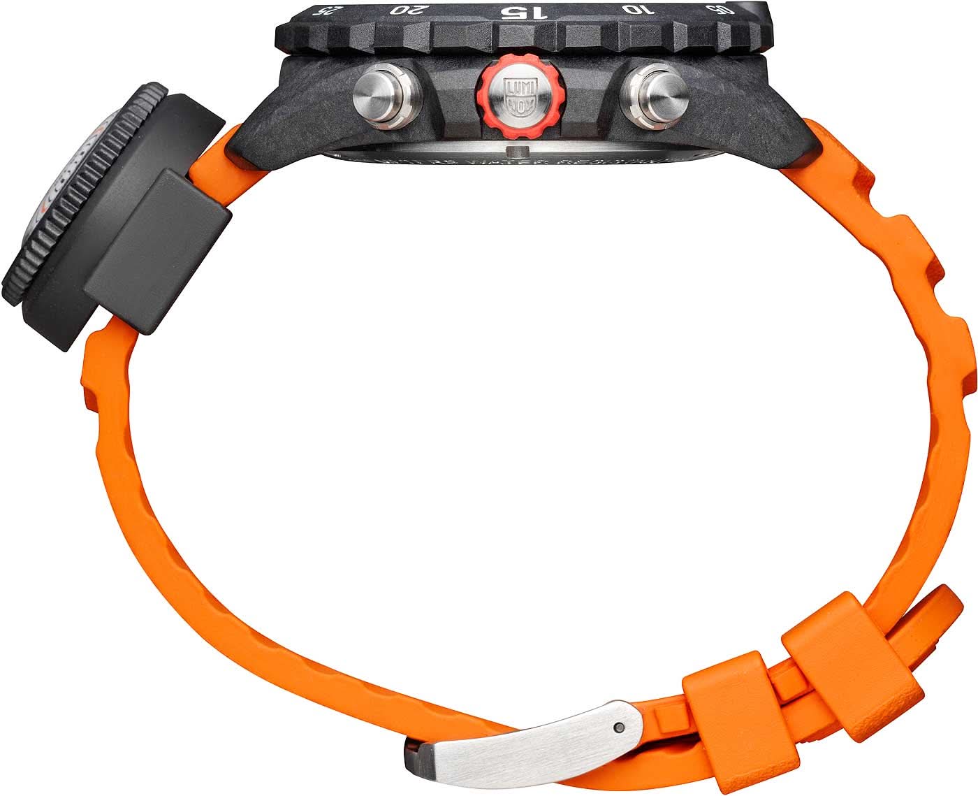 Armbandsur för herrar sedd ovanifrån med orange silikonarmband och kontroller
