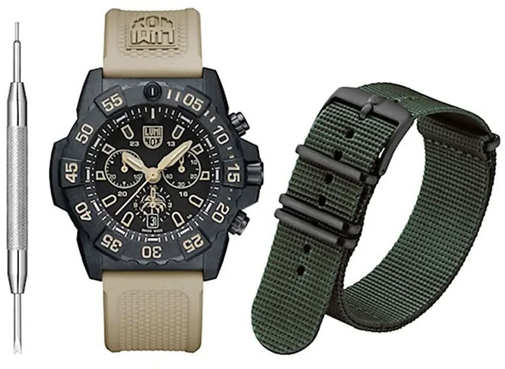 Armbandsur för herrar med beige rem och svart urtavla, vy framifrån samt armband