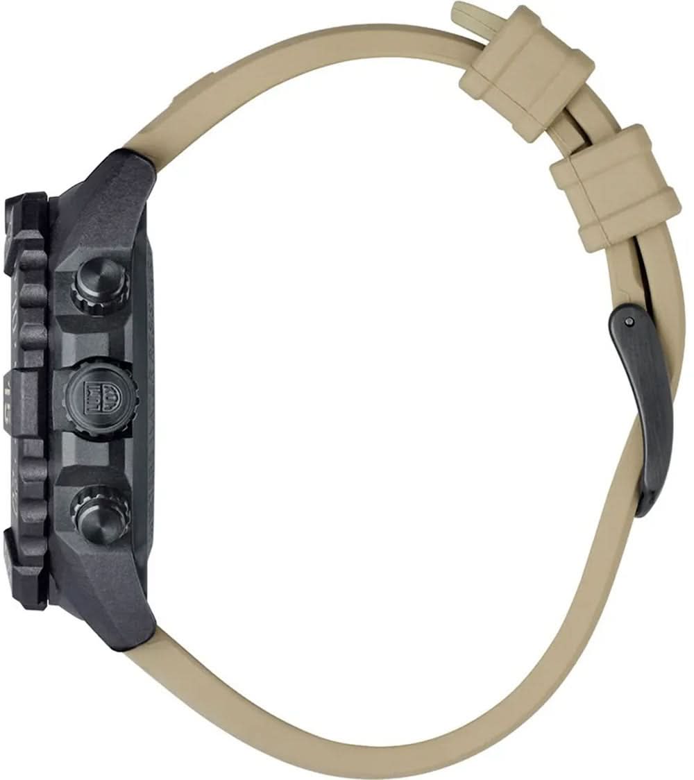 Herrarmbandsur, sidovy: beige plastband med stiftspänne