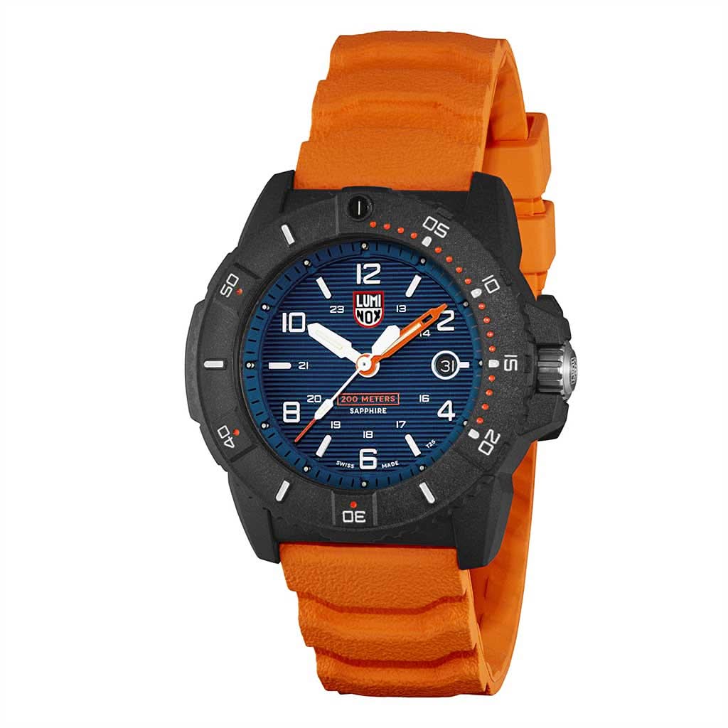 Armbandsur för herrar med sidoknapp, boett i svart, blå urtavla och orange armband