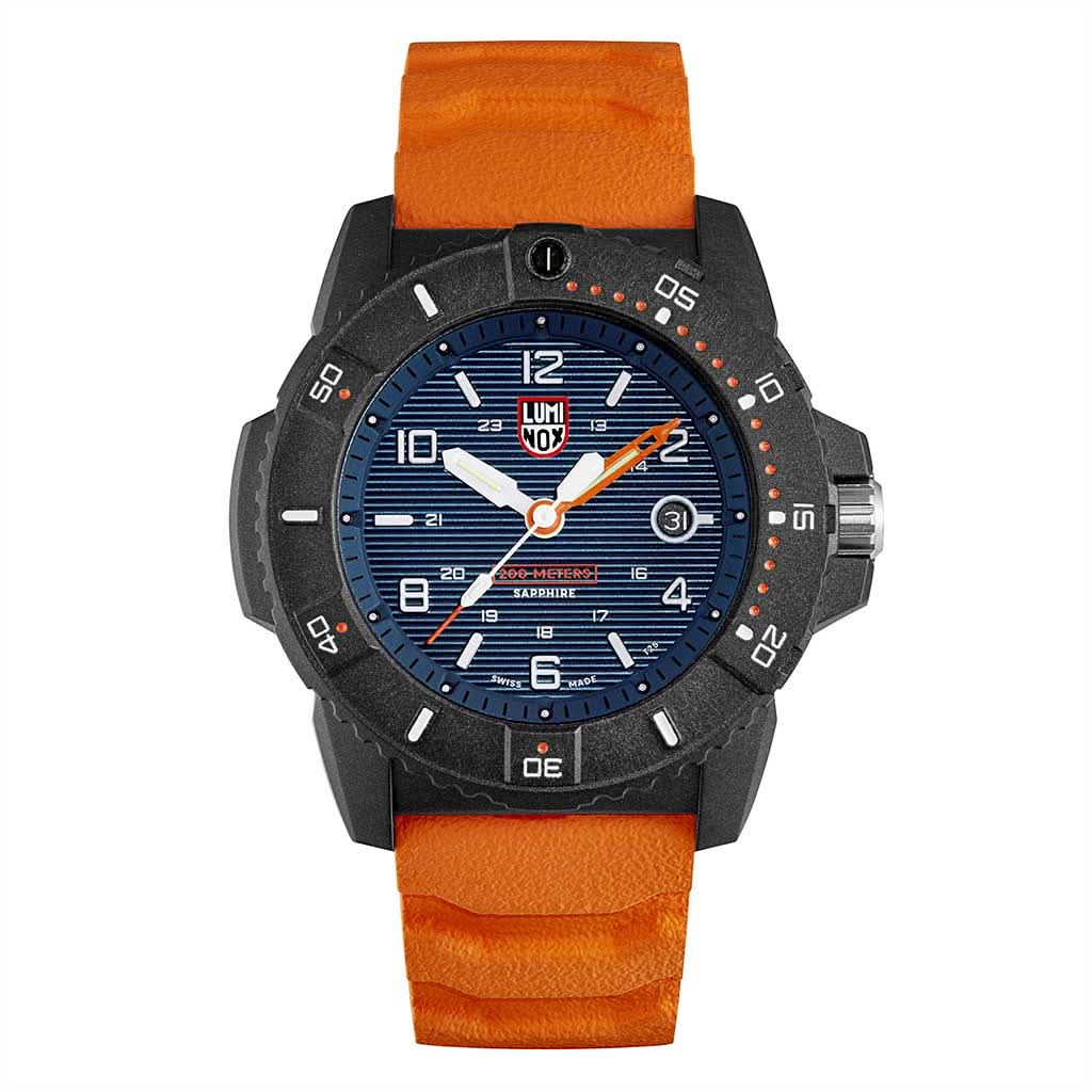 Herrarmbandsur med boett i svart, blå urtavla och orange armband