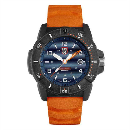 Herrarmbandsur med boett i svart, blå urtavla och orange armband