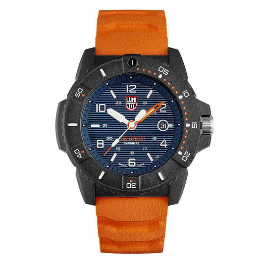 Herrarmbandsur med boett i svart, blå urtavla och orange armband