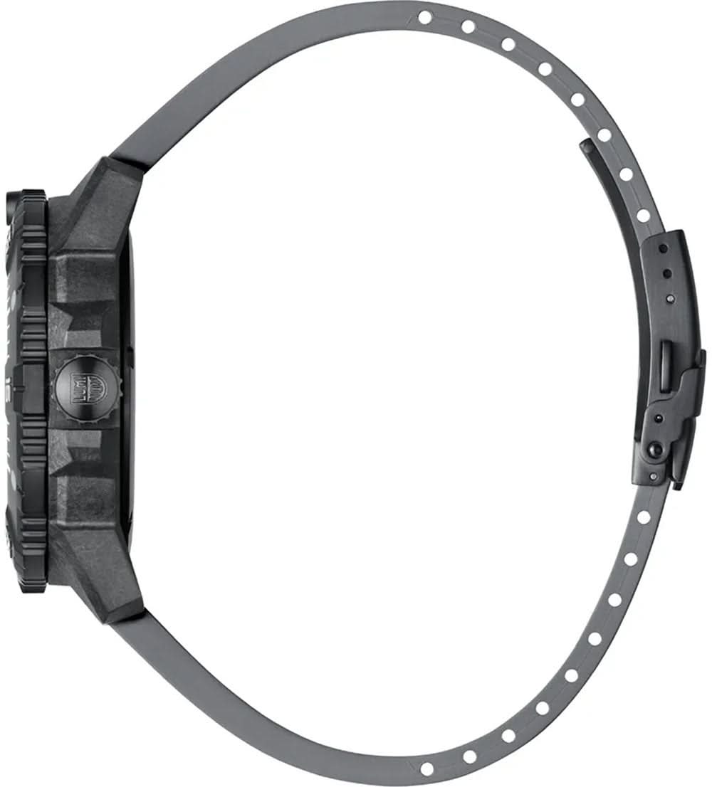 Sidovy av en herrklocka med grått armband och räfflad boettring, utan urtavla.