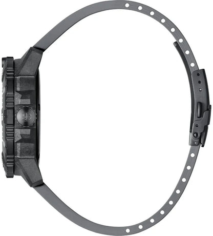 Sidovy av en herrklocka med grått armband och räfflad boettring, utan urtavla.