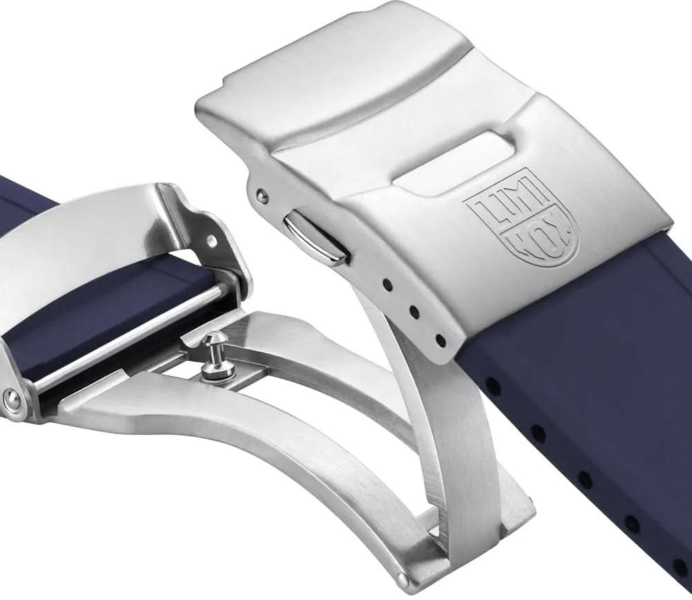Metallarmband för klocka med blått band, spänne och dorn