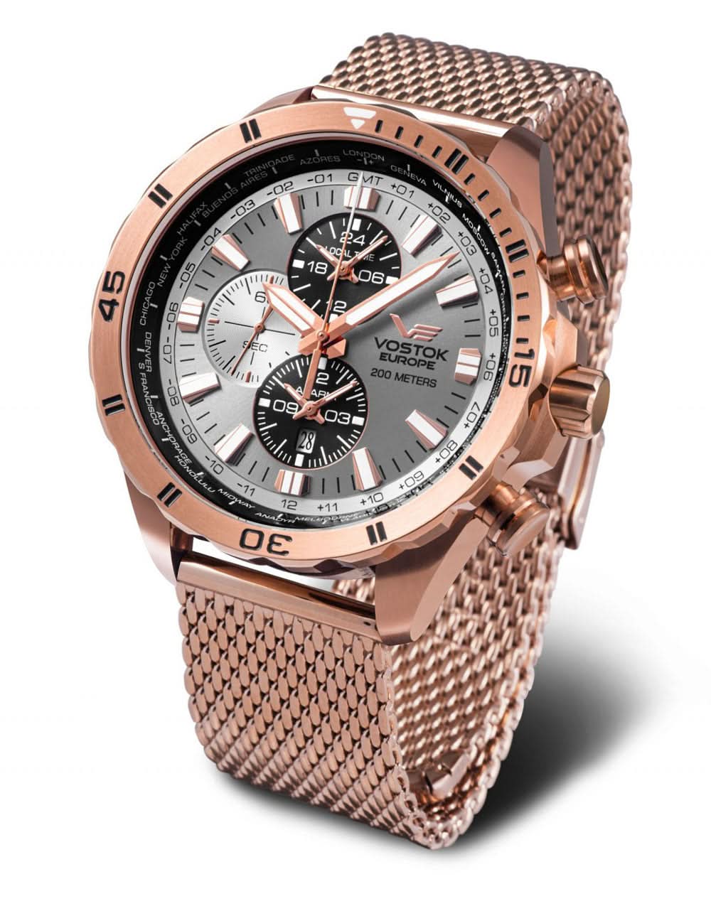 Herrklocka med roséguldpläterat metallarmband, vit urtavla och kronograf-suburtavlor