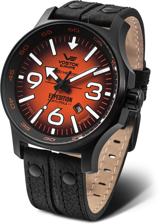 Herrklocka: svart läderarmband, svart urtavla med röda markeringar