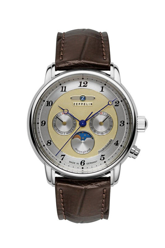 Zeppelin herrklocka med brunt läderarmband, runt silverfärgat urverk och beige urtavla