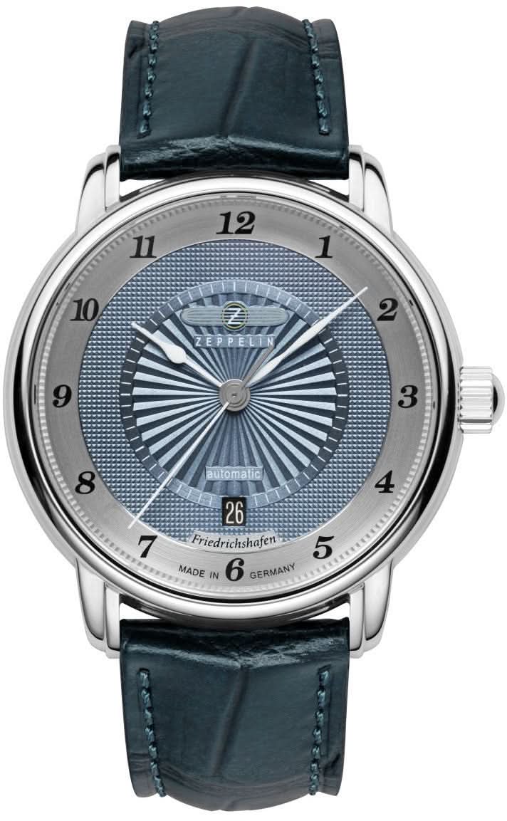 Herrarmbandsur med mörkblått läderband, silverfärgat hölje och blå urtavla