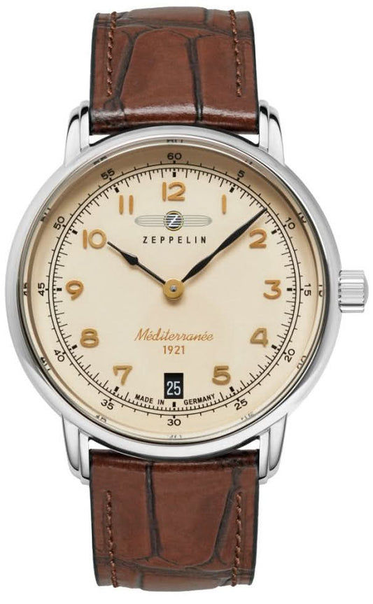 Herrarmbandsur med runt silverfärgat hölje, beige urtavla och brunt läderarmband