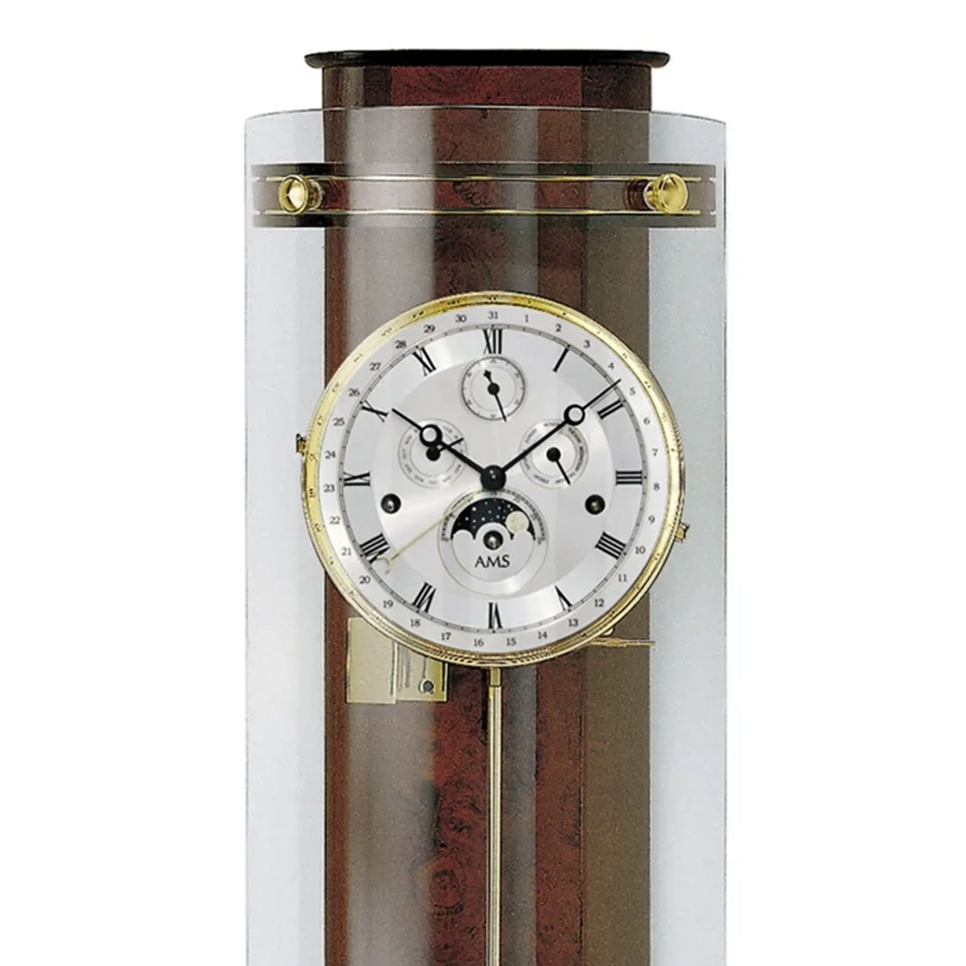 Regulator-Wanduhr mit sichtbarem AMS-Uhrwerk und mehrteiliger Zifferblattansicht hinter Glas