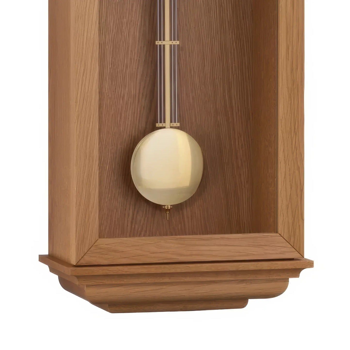 Holz väggklocka med pendel och synliga stavar, träram, detaljvy.
