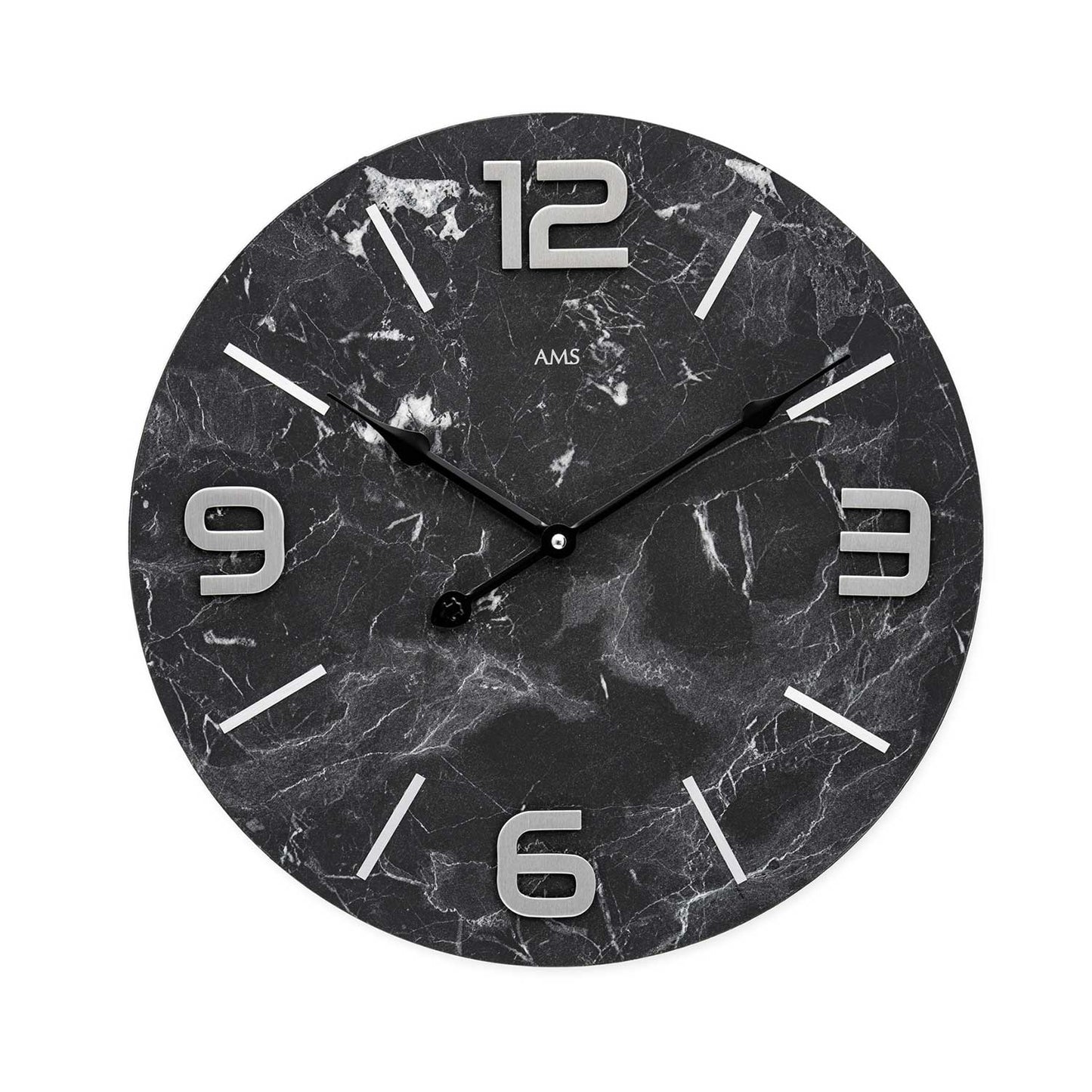 Wanduhr mit anthrazitfarbenem Marmor-Zifferblatt, Metallziffern und Zeigern