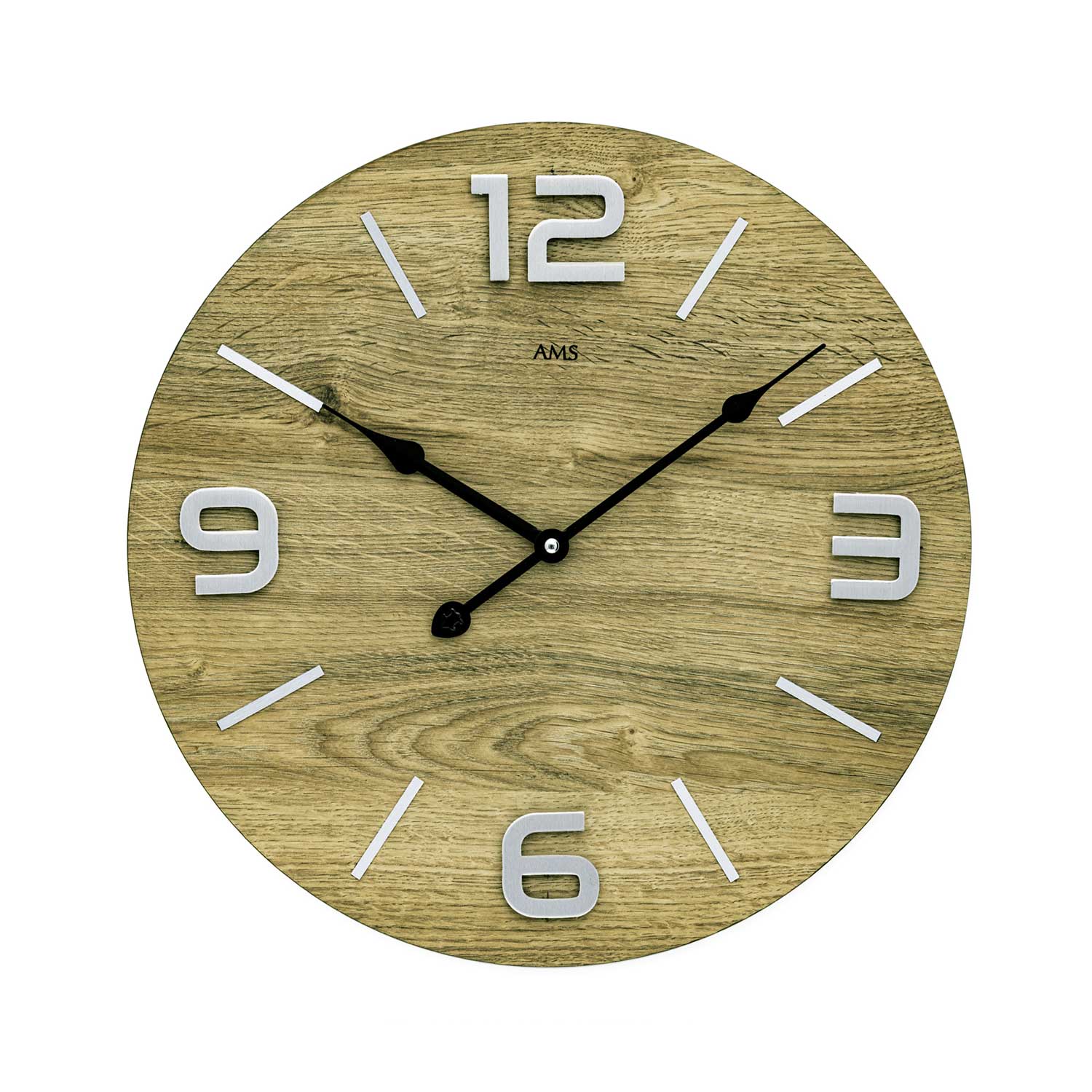 Wanduhr mit Holz-Optik Zifferblatt, Metallziffern und schwarzen Zeigern, runde Form