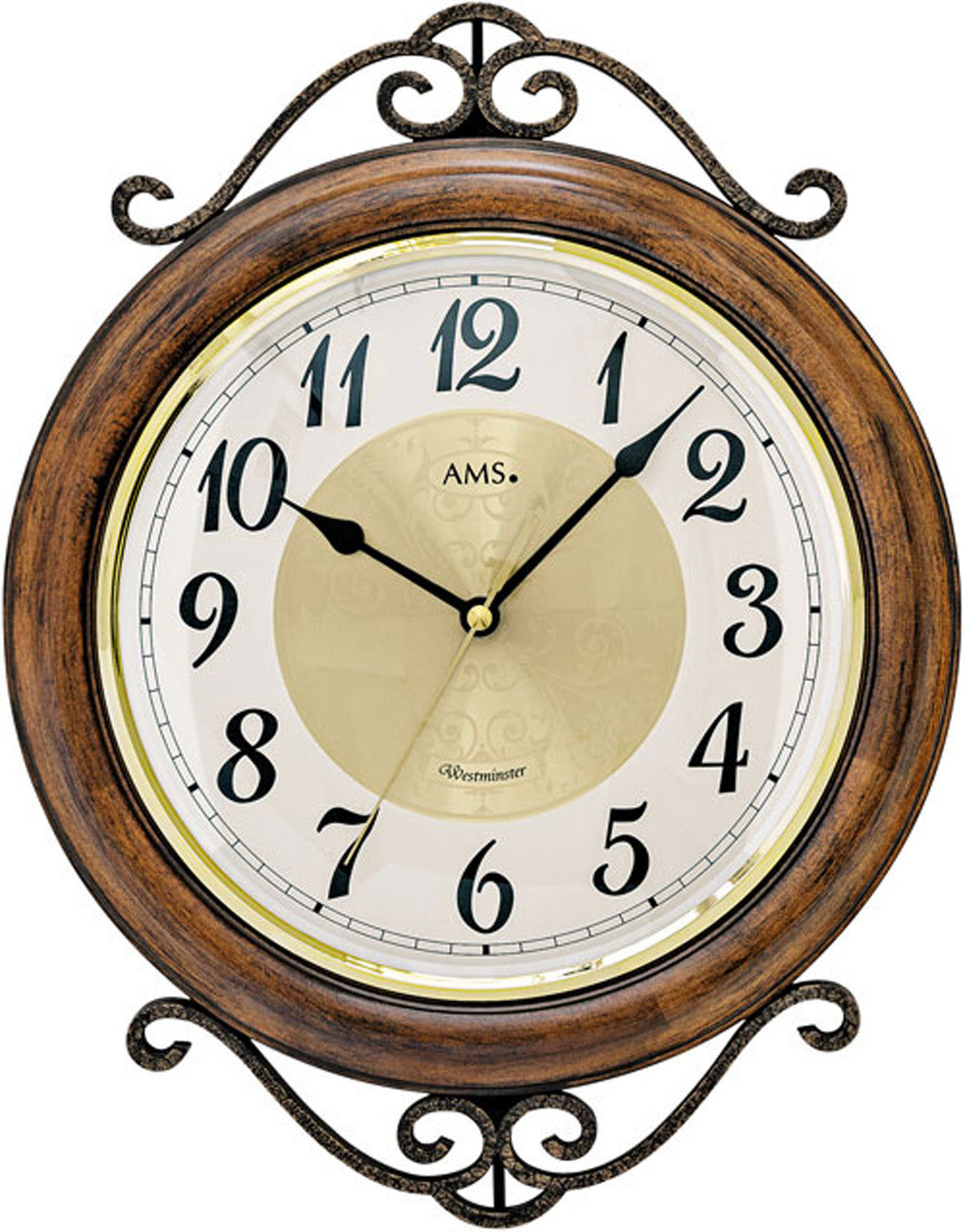 AMS Wanduhr mit braunem Holzrahmen, rundem Ziffernblatt und römischen Zahlen