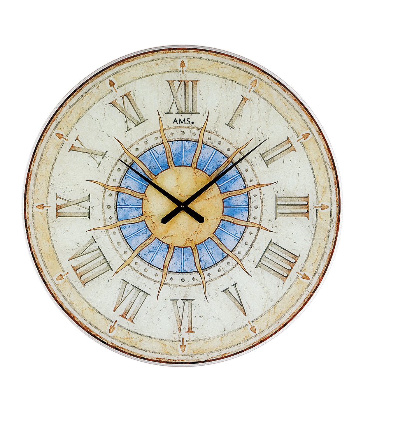 AMS Wanduhr mit Sonnen-Design, römischen Ziffern und Zeigern unter Glas