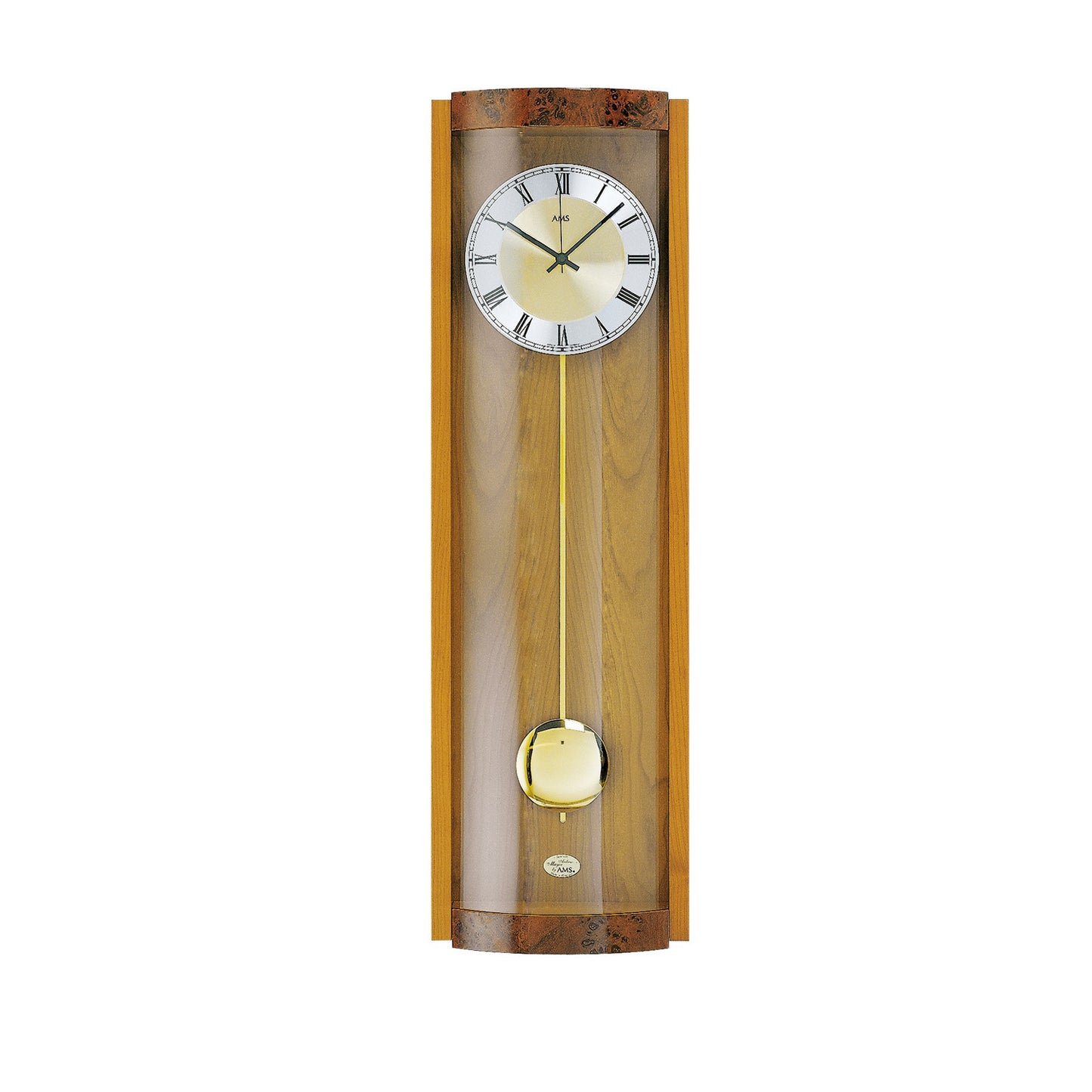 Wanduhr mit Holzgehäuse, rundem Zifferblatt und schwingendem Pendel