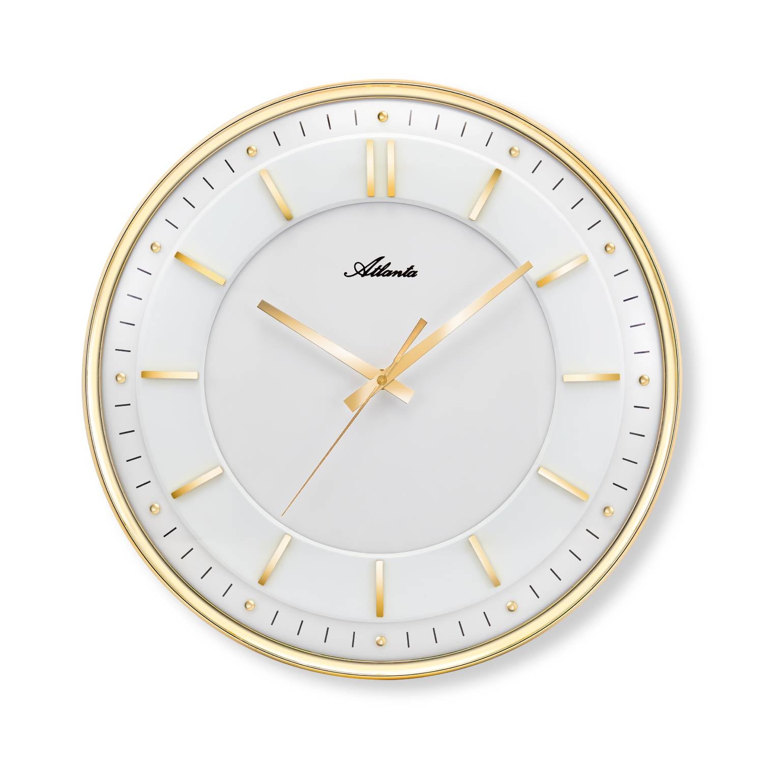 Wanduhr mit weißem Zifferblatt, goldenen Zeigern und Indexen, runder Rahmenfassung
