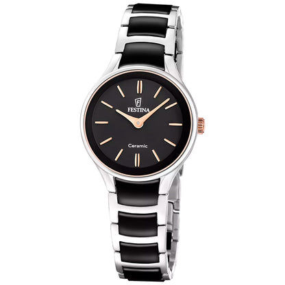Zegarek Festina z czarną tarczą i ceramiczną bransoletą, srebrna koperta