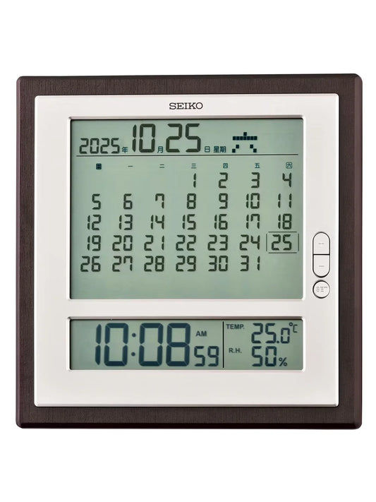 Seiko Wanduhr mit braunem Holzrahmen und digitalem Datums-Temperatur-Display