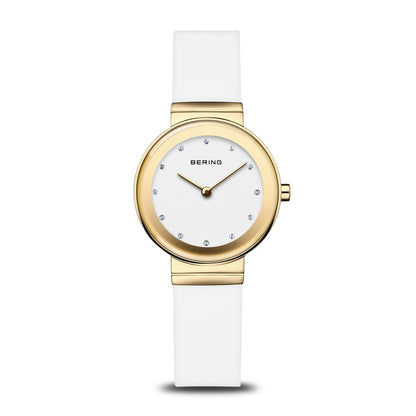 Bering Classic 10129-934 Damenuhr Goldfarben • Saphirglas • Weißes Silikonarmband